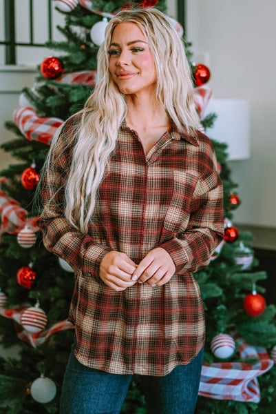 Brown and Red Plaid Super Soft Zip Up Shacket