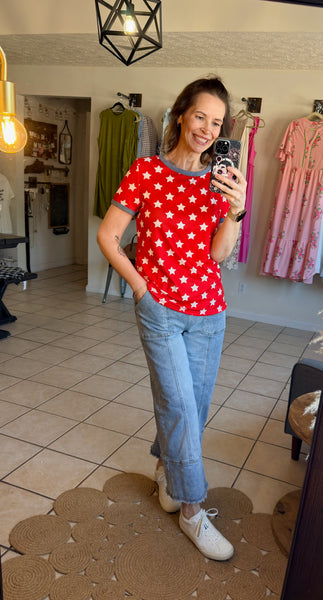 Red Short Sleeve Top with White Stars and Blue Contrast Trim