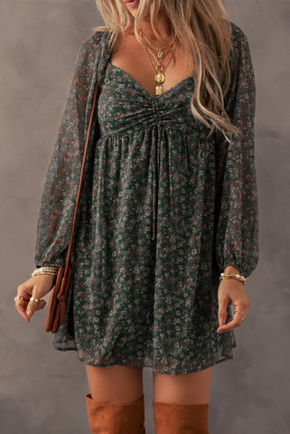 Green Floral Flowy Dress with Sweatheart Neckline