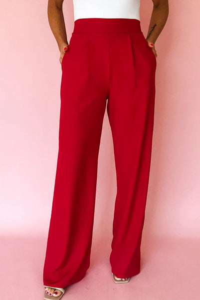 Red Pleated Detail Pull-On High Rise Pants with Elastic Waist