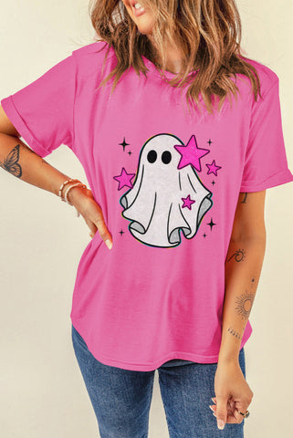 Candy Pink Short Sleeve Tee with Friendly Ghost and Stars