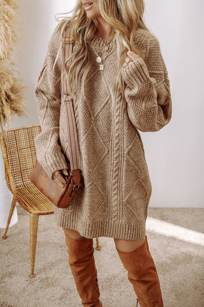 Khaki Cable Knit Sweater Dress - Brown