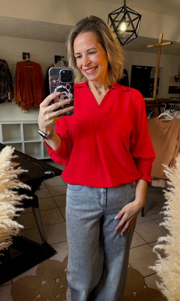 Red V-Neck 3/4 Sleeve Flowy Top