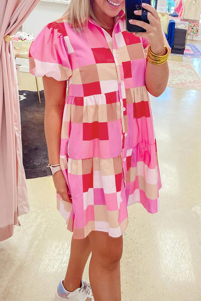 Pink Checkered Tiered Puff Sleeve Dress