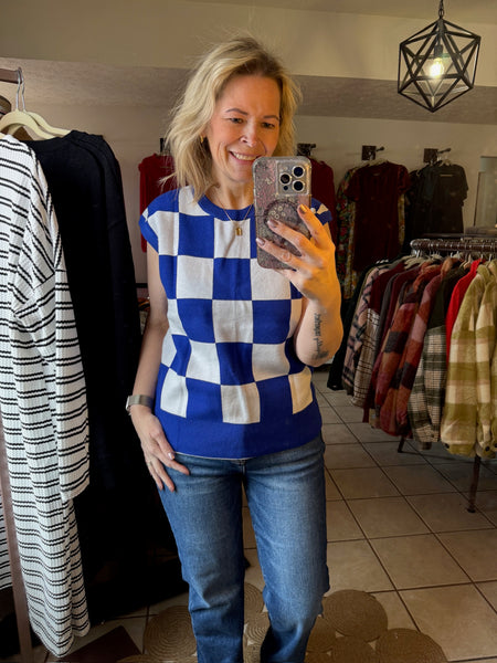 Blue and White Checkered Sweater Vest