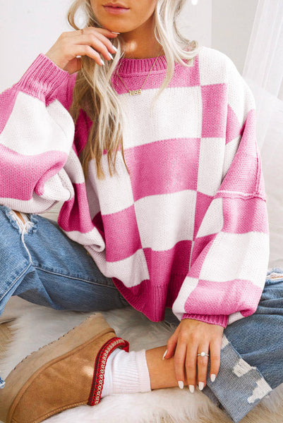 Pink and White Checkered Relaxed Fit Sweater