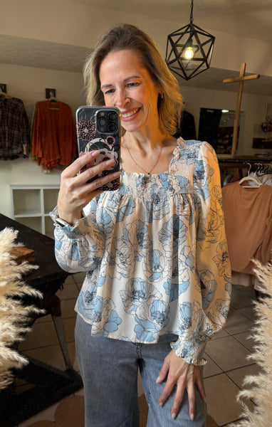 Sky Blue Floral Smocked Blouse