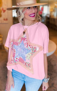 Pink Tee with Patchwork Layered Star