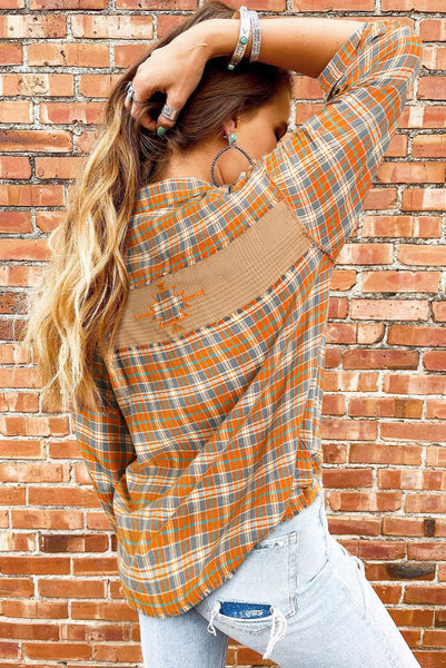 Orange Plaid Button Up Flannel Top with Raw Hemline Details and Aztec Embellishment