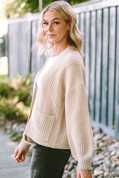 Khaki Sweater Knit Cardigan with Front Pockets