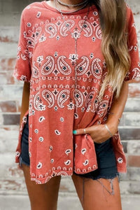 Dark Coral Paisley Print Top with Side Slits
