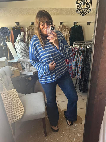 Blue and White Striped Lightweight Sweater Knit Top