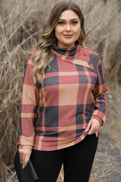 Curvy Plaid Long Sleeve Top with Asymmetric Neckline and Button Details