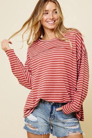 Red and White Striped Long Sleeve Top with Raw Edging Detailing