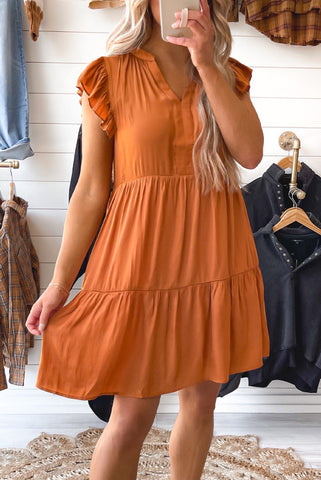 Orange Flowy Fit Dress with Ruffle Sleeves