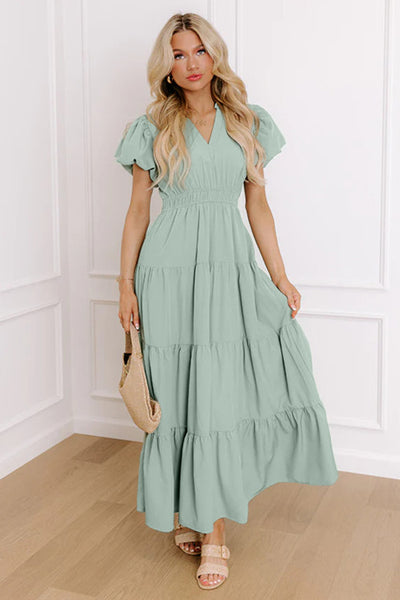 Sage Green V-Neck Puff Short Sleeve Maxi Dress with Pockets