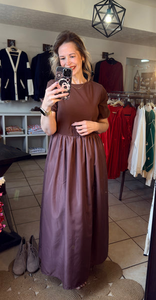 Brown Short Sleeve Knit Top Patchwork Maxi Dress