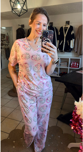 Pink Santa Claus Print V Neck Tee and Drawstring Pants Lounge Set