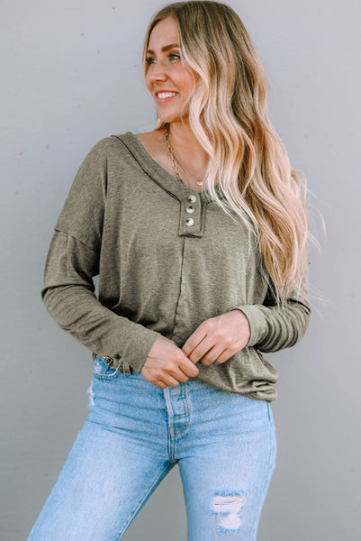 Olive Green Henley Long Sleeve Top