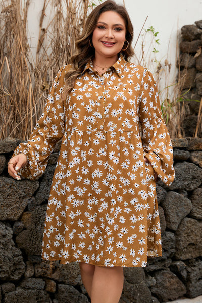 Curvy Golden Brown Daisy Floral Print Split Button Neck Puff Sleeve Babydoll Dress