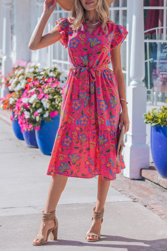 Rose Pink Floral Ruffle Sleeve Belted Midi Dress