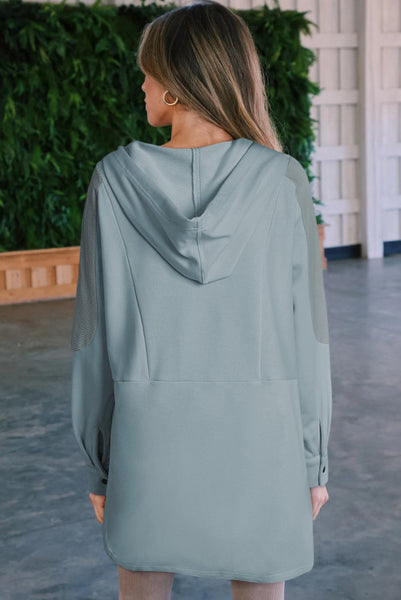 Oversized Mixed Material Henley Style Hooded Pullover with Scoop Hemline - Multiple Color Options