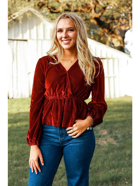 Deep Red Ribbed Velvet V-neck Peplum Top