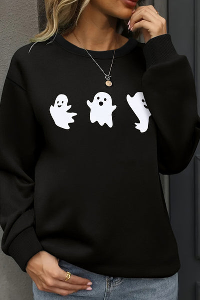 Friendly Ghost Trio Crewneck Sweatshirt Pullover - Black Halloween Crewneck Sweatshirt