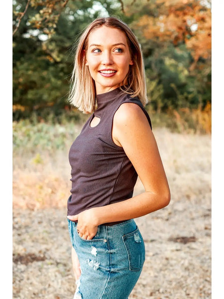 Charcoal Gray Ribbed Sleeveless Top with Cutout Neckline