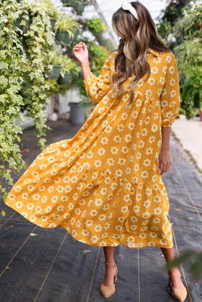 Yellow Floral Boho 3/4 Length Sleeve Dress