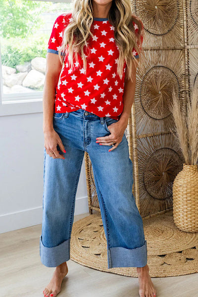 Red Short Sleeve Top with White Stars and Blue Contrast Trim