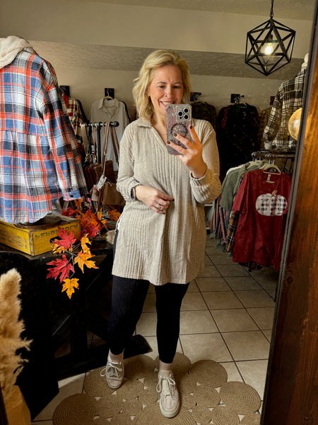 Heathered Taupe Collared Tunic with Side Slits - Ribbed