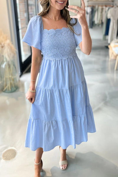 Light Blue Square Neck Lace Detail Dress with Flowy Sleeves and Tie Back