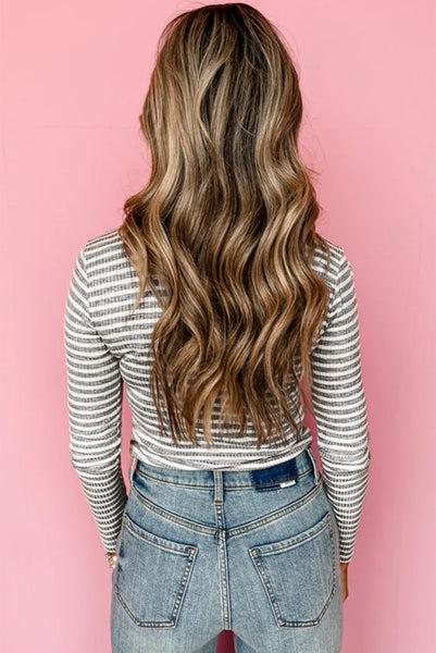 Gray and White Mock Neck Fitted Long Sleeve Top