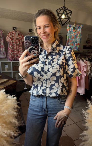 Navy Floral Puff Sleeve Button Up Top