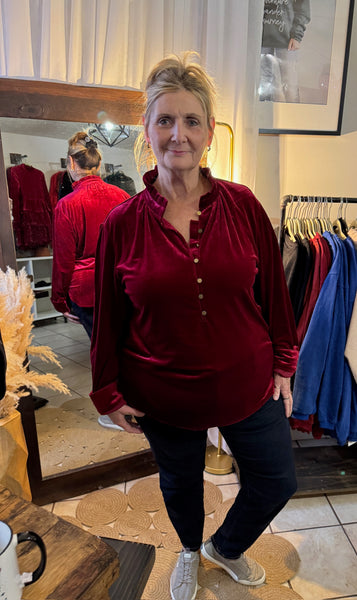 Deep Red Velvet Ruffle Neck Top with Functional Buttons