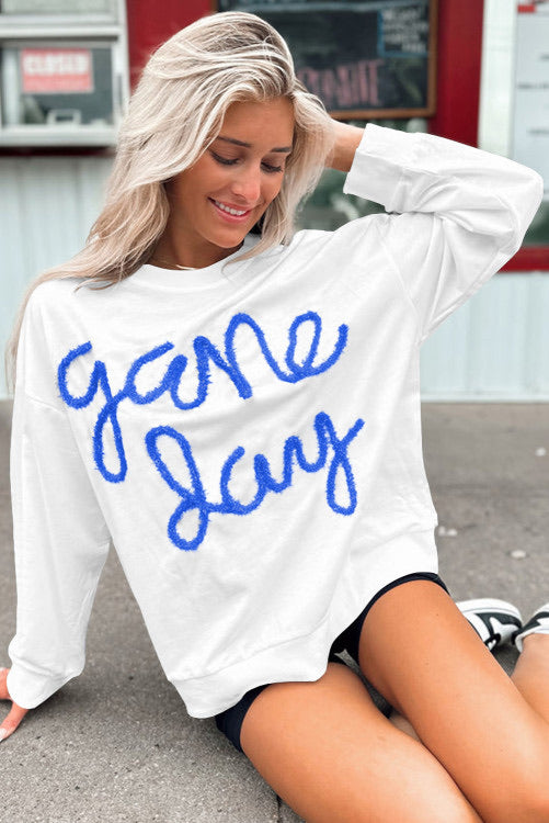 White with Blue Tinsel Lettering Game Day Sweatshirt - Sports Mom - Basketball - Baseball - Football - Sports