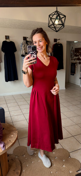 Red Dahlia V-Neck Flared Midi Dress
