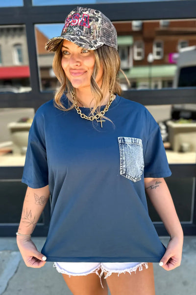 Navy Blue Tee with Functional Faux Denim Patch Pocket