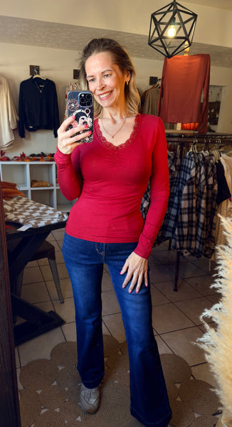 Cream Fitted Long Sleeve V-Neck Top with Lace Trim