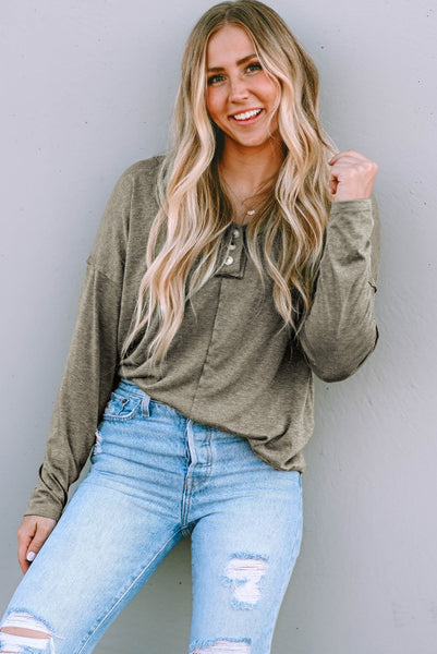 Olive Green Henley Long Sleeve Top