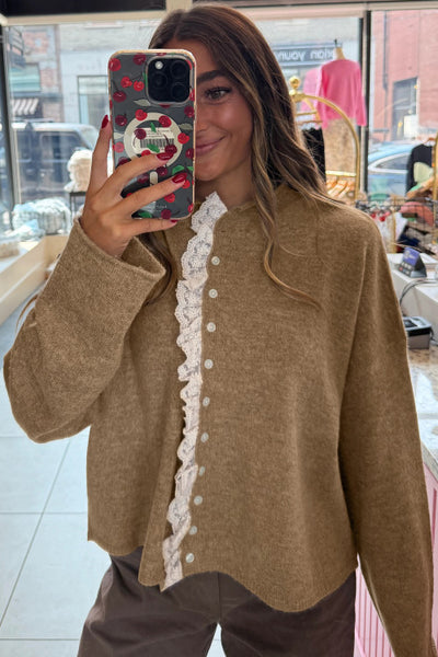 Deep Taupe Contrast Lace Trim Button Front Sweater Knit Cardigan