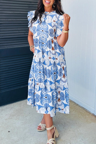 Sky Blue Botanical Print Maxi Dress