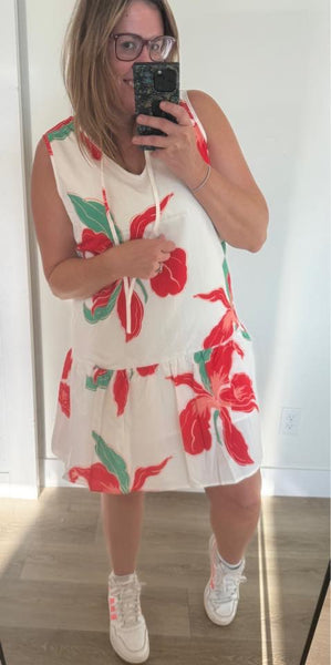 Red Floral Drop Waist Dress