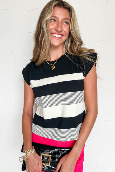 Black Striped Cap Sleeve Top