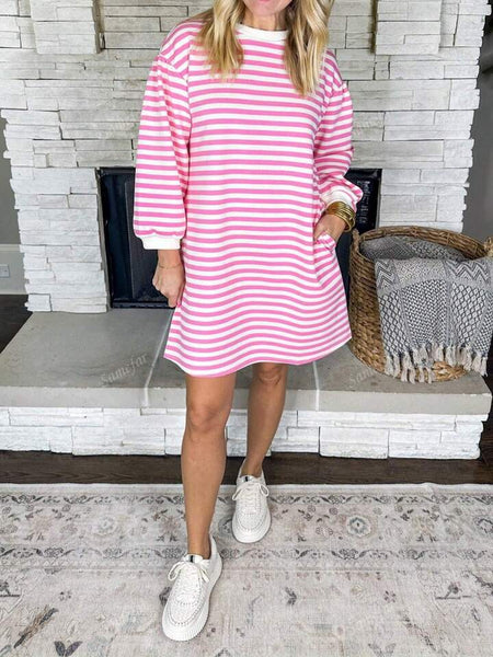 Pink and White Striped Puff Sleeve Dress with Pockets - Valentine Day