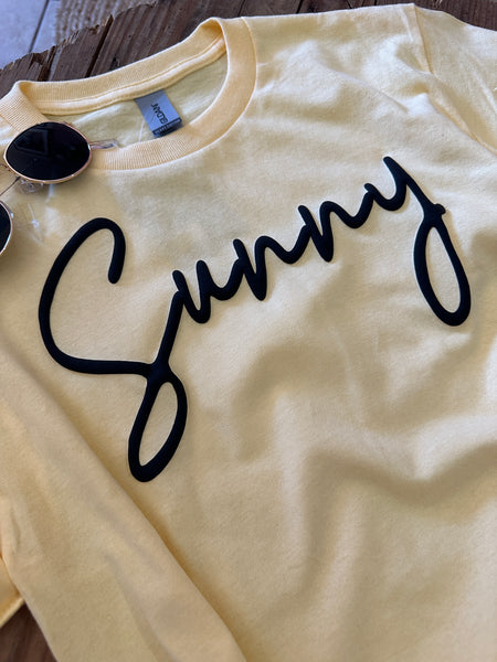 Yellow with Black ‘Sunny’ Puff Script Lettering Tee