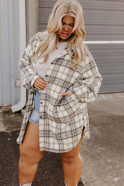 Curvy Cream and Blue Plaid Longer Length Shacket