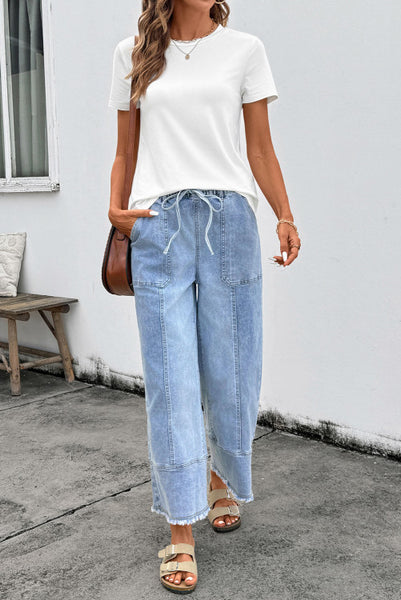 Light Wash Drawstring Waist Raw Hem Wide Leg Denim Ankle Length Jeans