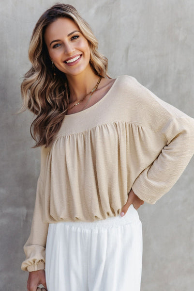 Beige Textured Long Sleeve Pleated Drop Shoulder Top with Elastic Waist Cinch